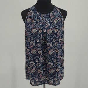Ava Christine Navy Blue Paisley Halter Neck Pleated Sleeveless Blouse Small